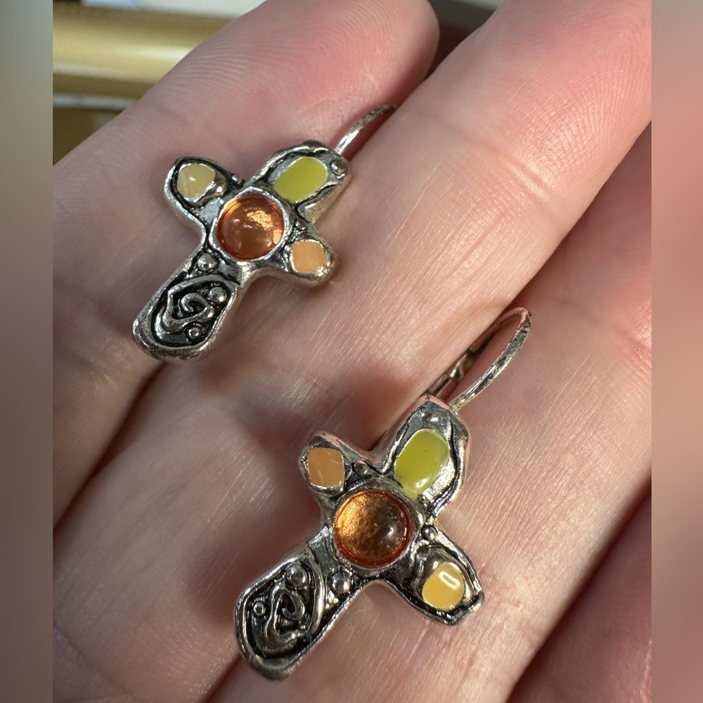 Abstract vibe silvertone cross earrings